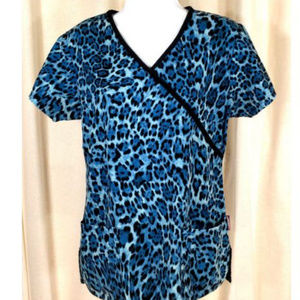 Scrub Works Leopard Animal Print Uniform Top Blue